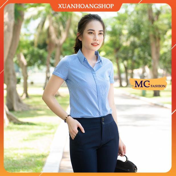 Áo Sơ Mi Nữ Tay Ngắn Cộc-Kẻ Sọc-Cổ Đức-Kiểu Công Sở Đẹp-Màu Xanh,Hồng Mc Fashion A206