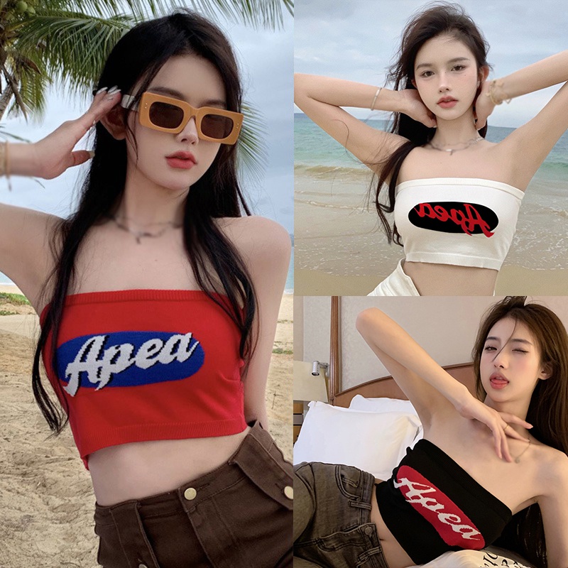 Áo Croptop Dệt Kim Hoạ Tiết Chữ Thiết Kế Hở Lưng Quyến Rũ