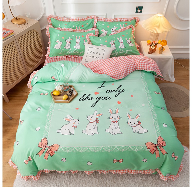 Bộ Chăn Ga Gối Cotton Bèo LIDACO Hoạt Hình 5D - Thỏ Nơ Đỏ Màu 13