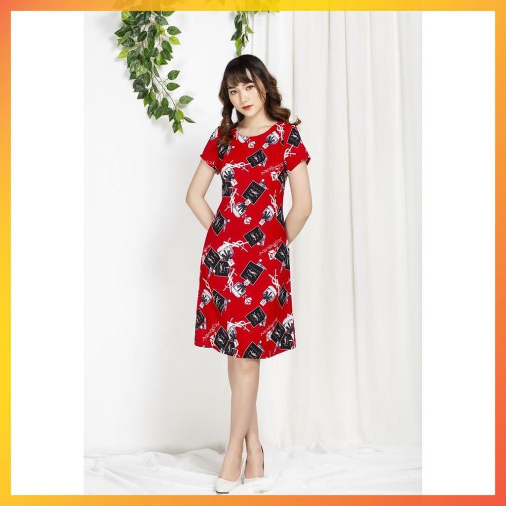 [HÀNG THIẾT KẾ - BAO HÀNH] Đầm Tay Ngắn Cổ Tròn Hoạ Tiết Chữ YSL cách điệu | BigBuy360 - bigbuy360.vn