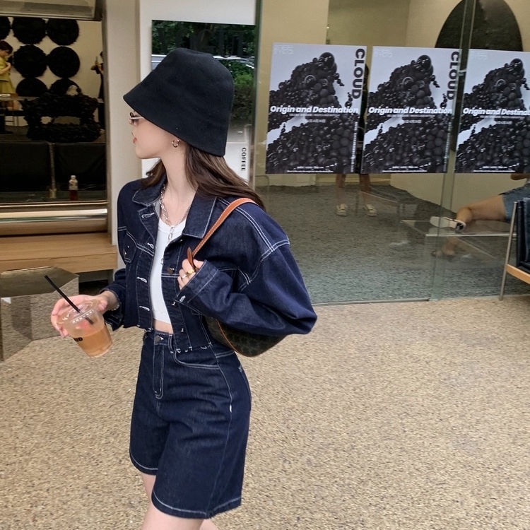 Set áo khoác + quần short bằng denim phong cách thời trang mùa hè năng động dành cho nữ