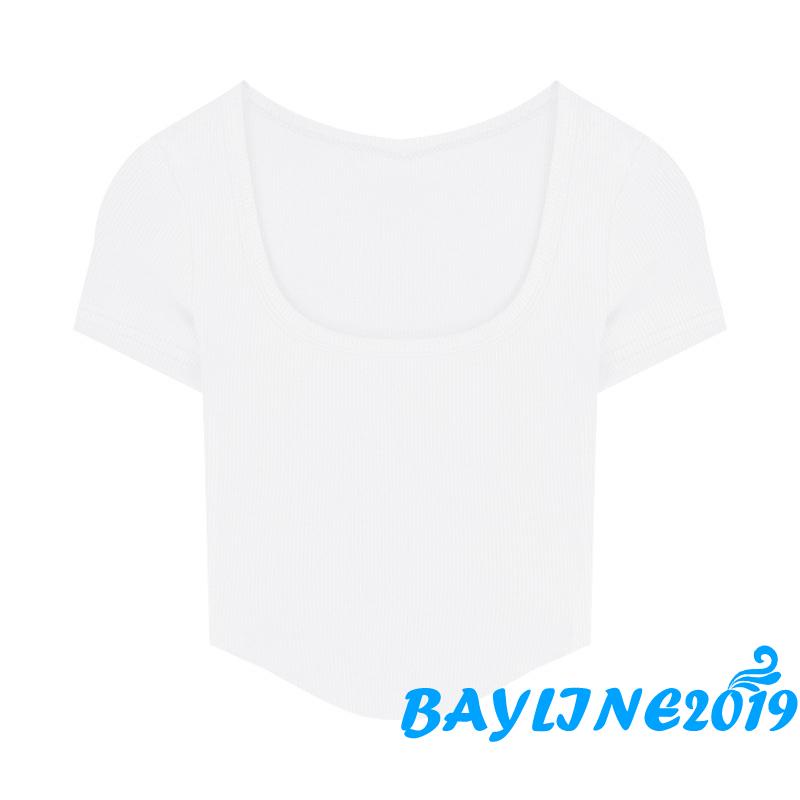 Áo Crop Top Tay Ngắn Cổ Chữ U Màu Trơn Thời Trang Mùa Hè Cho Nữ