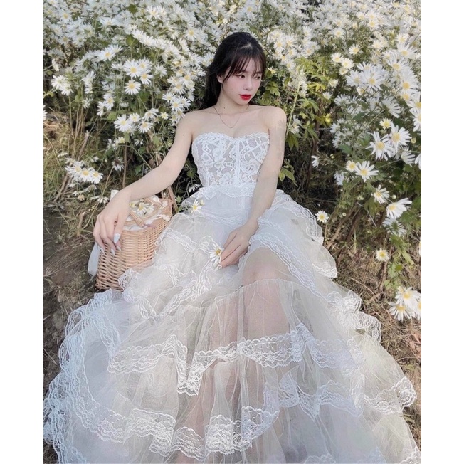 Set Váy Trắng Cuới Maxi Tầng Cup Ngực Phối Ren Dự Tiệc Free Size V174 Cho Cô Dâu Mùa Cưới AĐ BOUTIQUE