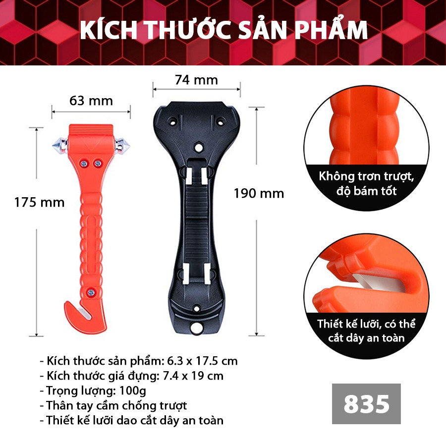 [Mã BMBAU50 giảm 10% đơn 99k] Búa Thoát Hiểm 2 Đầu Kèm Dao Cắt Dây An Toàn CIND 835 Nhập Khẩu Chính Hãng