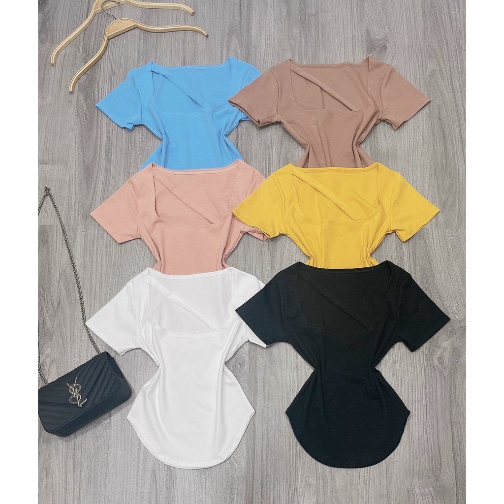 Áo thun bozip tay ngắn cổ vuông vạt bầu 1 dây chéo ngực cực xinh , chất thun bozip mềm mịn ( ảnh thật )