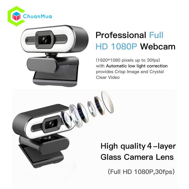 Webcam Máy Tính Có 2 Mic Đèn LED Trợ Sáng Full HD 2K / 1080p Cao Cấp ( Call Video, Hội Họp, Học Zoom, Laptop Wedcam ...)