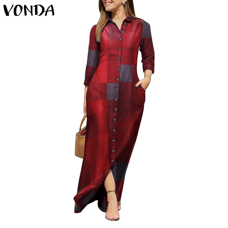 Đầm Dài VONDA Cổ Bẻ Tay Dài Có Khuy Gài Màu Trơn Thông Thường Dành Cho Bạn Nữ | BigBuy360 - bigbuy360.vn