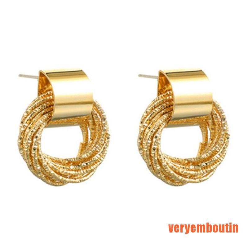 Khuyên tai dạng tròn thiết kế hình học mạ vàng cá tính