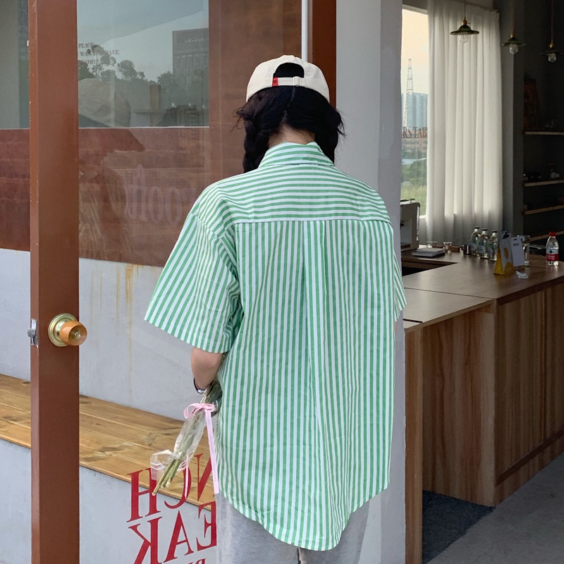 SUXI Áo sơ mi tay ngắn kẻ sọc thời trang Hàn Quốc cổ điển cho nữ