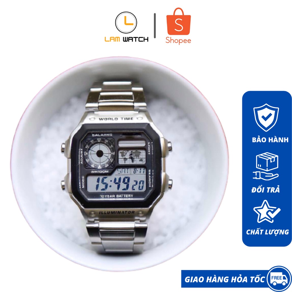 Đồng hồ nam điện tử dây kim loại AE.1200 chống nước tốt mặt vuông, nhiều chức năng, số to thời trang, siêu bền..