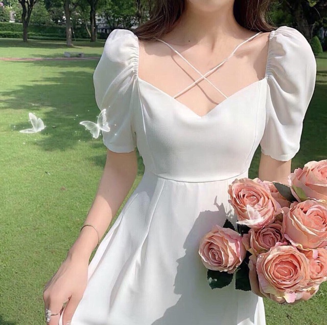 ĐẦM MAXI 2 DÂY CHÉO MÀU TRẮNG - T162