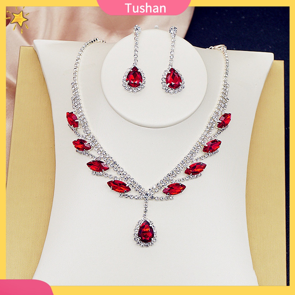 Set dây chuyền và đôi khuyên tai mặt hình giọt nước đính đá nhân tạo lấp lánh thời trang dành cho cô dâu