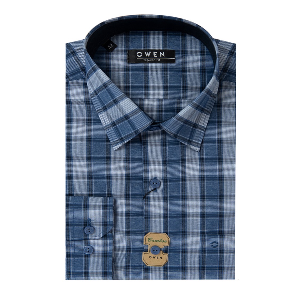 Áo Sơ Mi Nam Dài Tay OWEN AR220838DT Somi Công Sở Vải Sợi Tre Cao Cấp Kẻ caro navy trắng Dáng Regular Fit Tà Lượn Có Túi