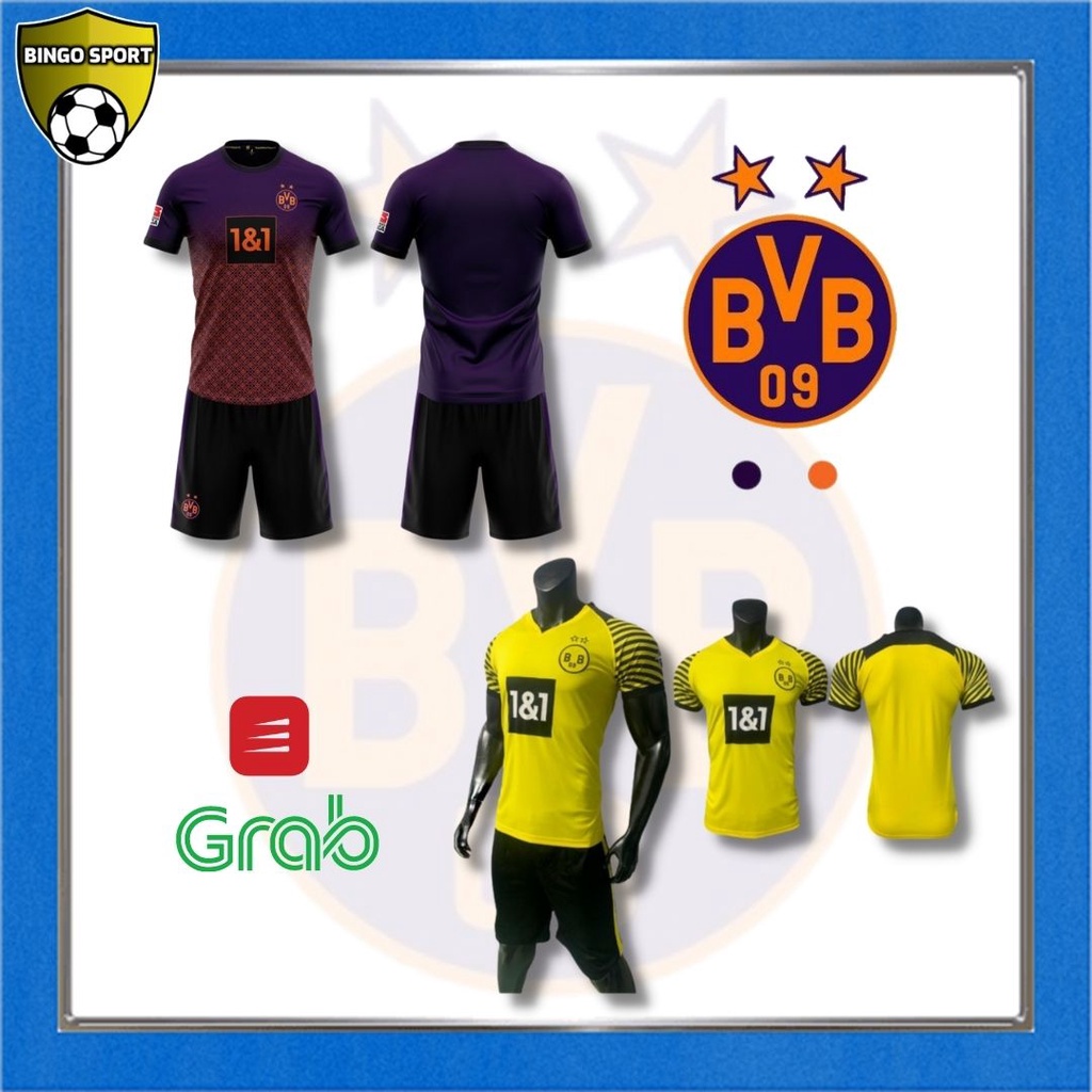 Quần Áo Bóng Đá Thun Lạnh Logo Thêu Nổi Cao Cấp CLB DORTMUND - Sân Nhà Màu Vàng &amp; Tím Mẫu Mới 22/23 BINGO SPORT