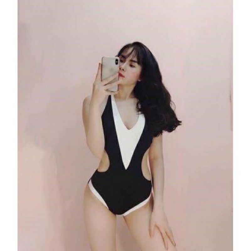 [Hàng Sẵn ] bikini đồ bơi cổ V phối trắng khoét eo