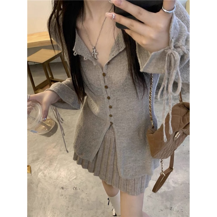 QKOOLE  Áo Khoác cardigan Dệt Kim Tay Dài Cổ Chữ V Phong Cách Hàn Quốc Cho Nữ áo khoác