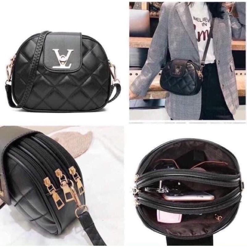 Túi xách đeo chéo clutch cầm tay màu đen nữ đựng đồ hình tròn khóa hàng hiệu hai khóa nhiều ngăn dây da quà tặng tốt hót