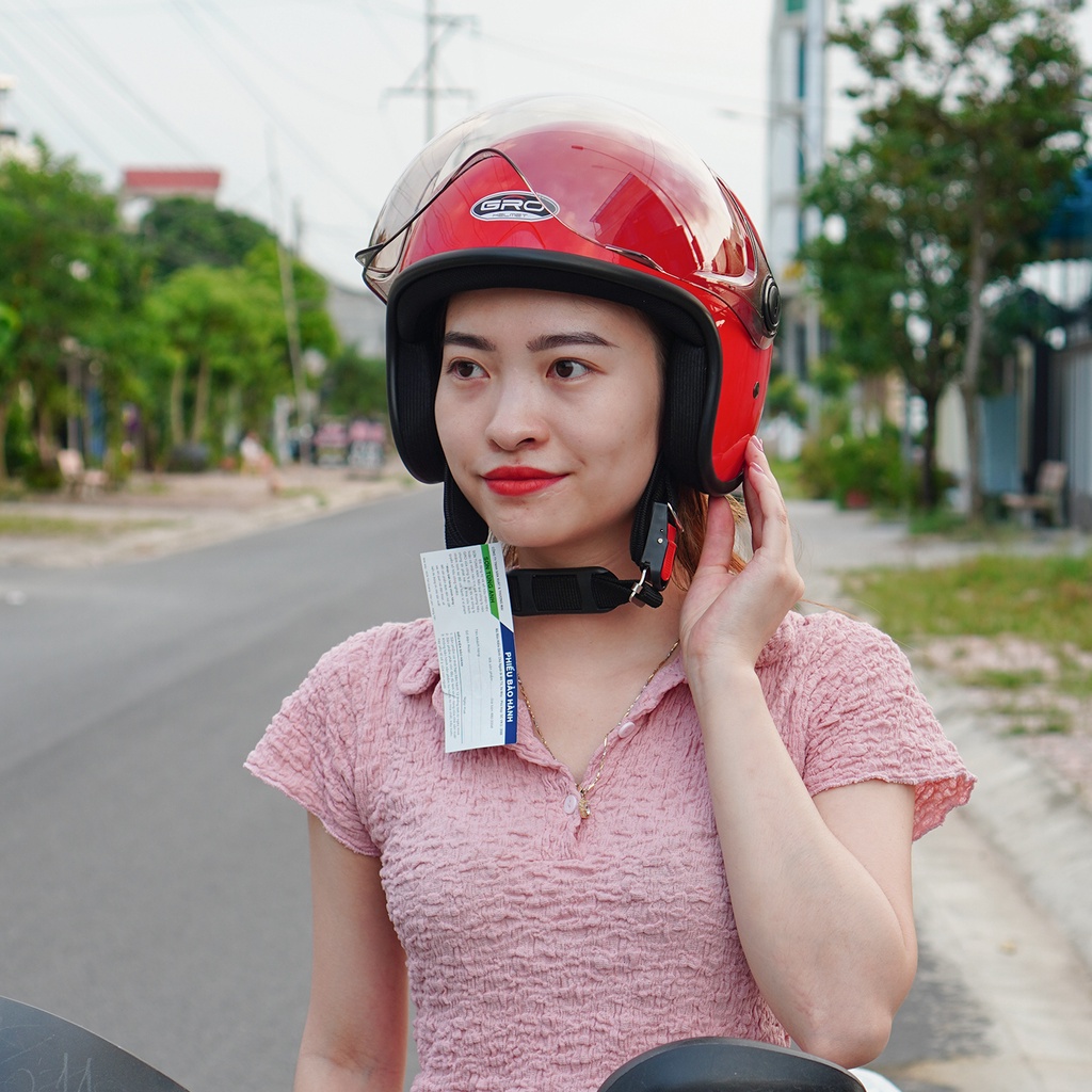 Mũ Bảo Hiểm 3/4 đầu GRO Helmet T818 có kính ngắn che nửa mặt, kiểu dáng thời trang cho nữ, khóa kim loại - Đỏ Tươi