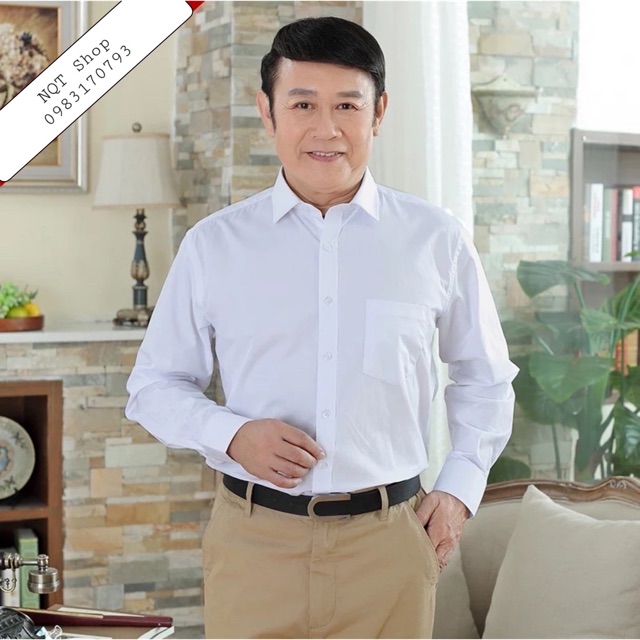 Áo Sơ Mi Dài Tay Trơn Một Màu Trắng Nam Trung Niên Trung Tuổi