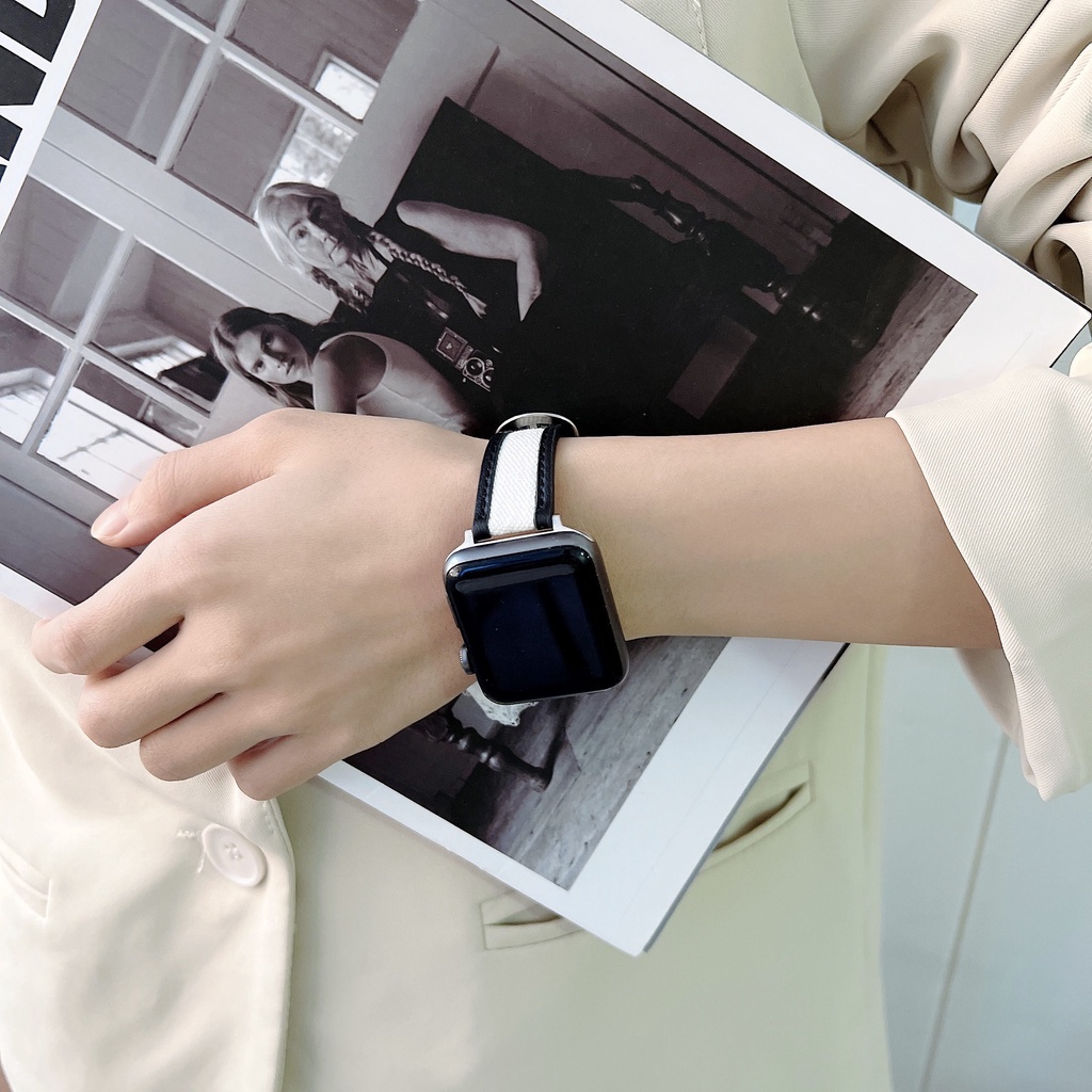 Dây Đeo Vải Canvas / Da 40mm 44mm 41mm 45mm 38mm 42mm Thời Trang Cho iWatch series 8 7 6 5 SE 4 3 2