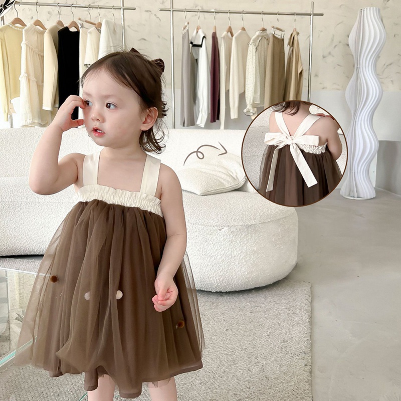 Đầm Công Chúa Phối Lưới Thắt Nơ Lưng Ngọt Ngào Thời Trang Mùa Hè Cho Bé Gái