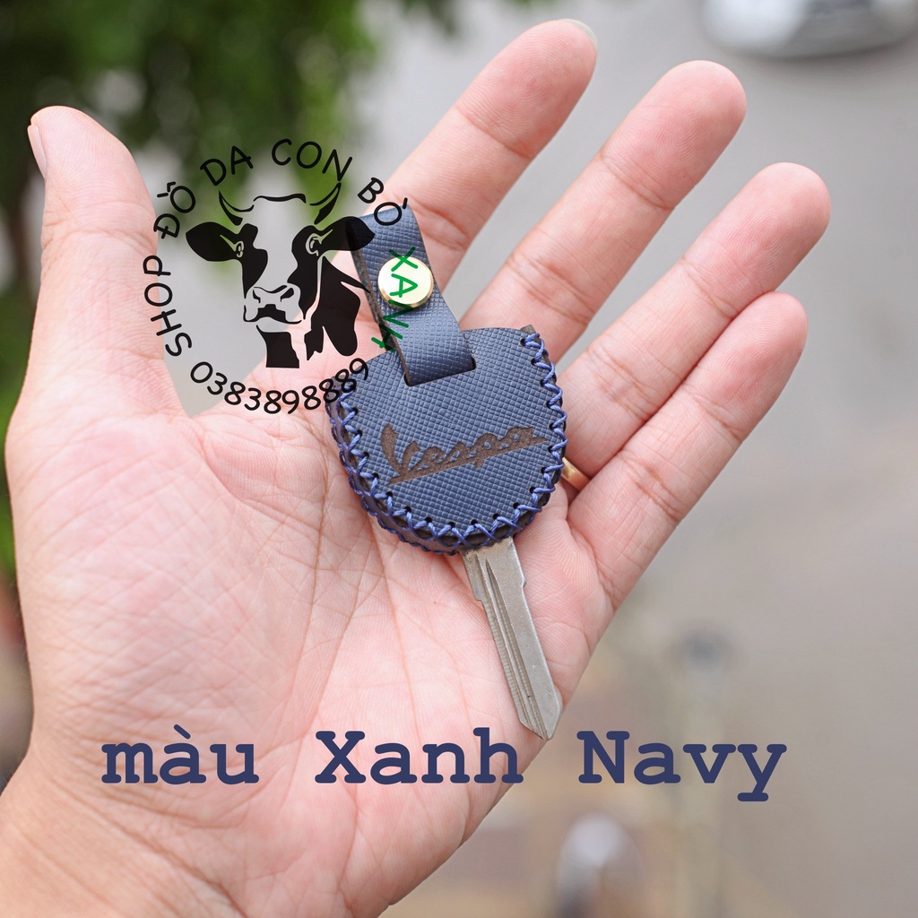 [Xanh navy] Bao Da Chìa Khóa Vespa, Piaggio handmade da thật (chìa khoá DÀY)