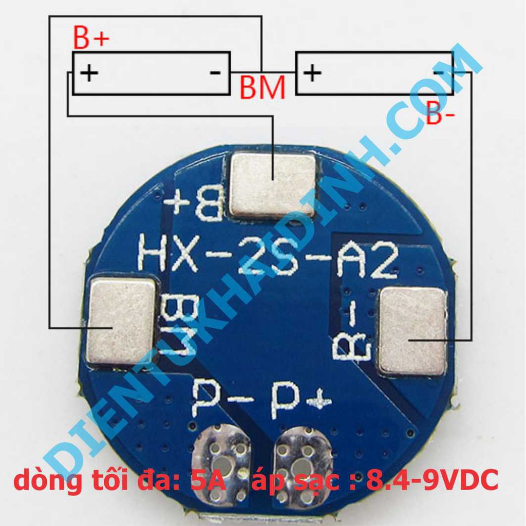module SẠC, bảo vệ quá tải pin 18650 2 viên 7.4V-8.4V 5A, loại tròn kde3883