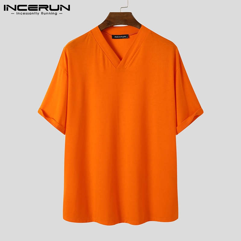 Áo thun nam INCERUN dáng thụng màu trơn tay ngắn cổ V thời trang thường ngày
