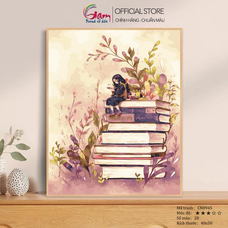 Tranh số hóa cô gái tóc xù đọc sách GAM có sẵn đã căng khung 40x50cm CN0945
