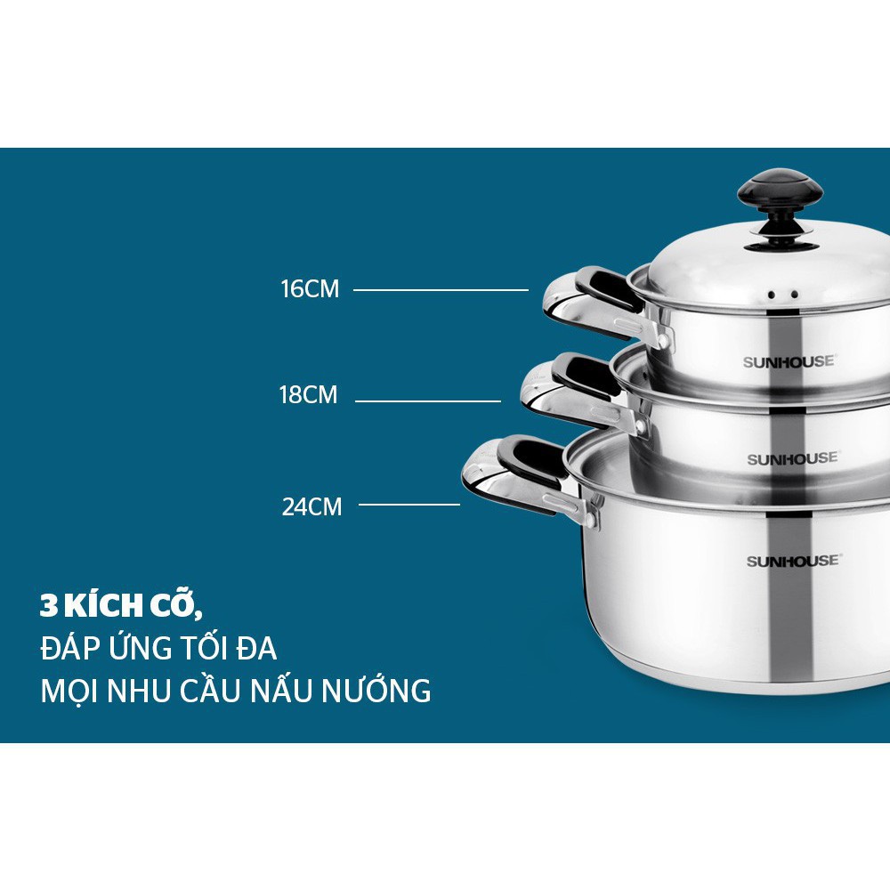 Bộ Nồi Inox 3 Đáy Sunhouse SH333 - Dùng Được Cho Bếp Từ