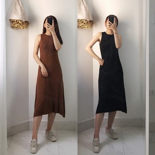 [Ảnh thật] Váy thun nỉ cổ tròn dáng dài (đen, nâu)