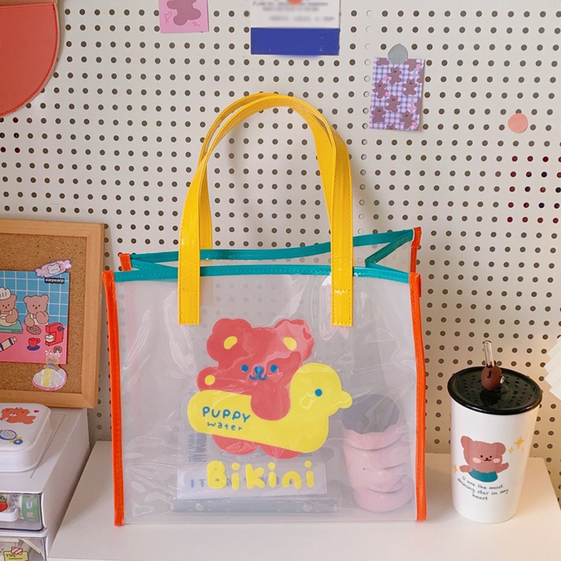 Túi Xách PVC Trong Suốt Cỡ Lớn In Họa Tiết Hoạt Hình Màu Cầu Vồng Thời Trang Đi Biển