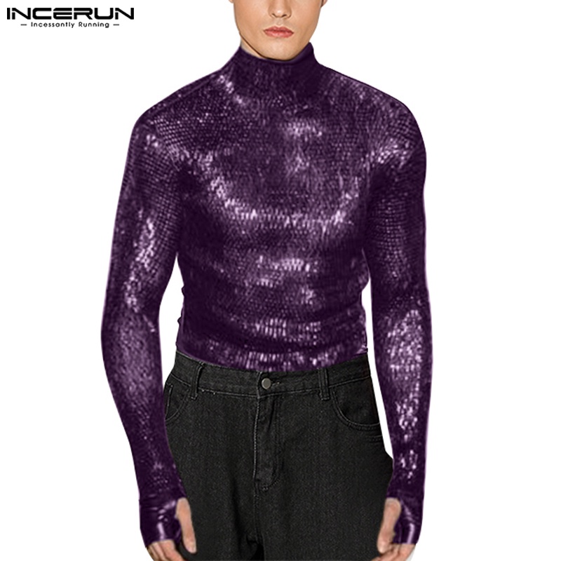 Áo thun INCERUN tay dài cổ lọc màu bạc/tím phong cách mùa thu thời trang sành điệu cho nam