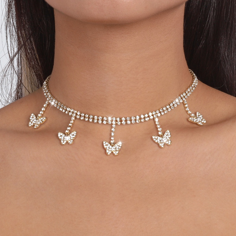 Vòng Cổ Choker Màu Vàng Mặt Hình Bướm Rỗng Đính Đá Pha Lê Sang Trọng Phong Cách Punk Cho Nữ