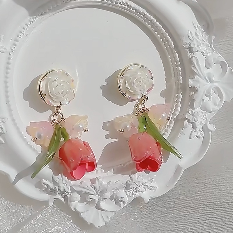 Khuyên Tai Hình Hoa Hồng Đính Ngọc Trai Giả Đơn Giản Ngọt Ngào