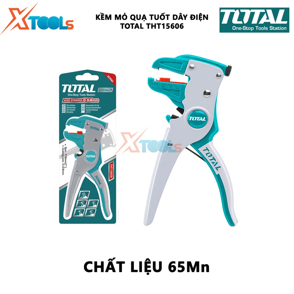 Kềm tuốt dây điện mỏ quạ TOTAL THT15606 Kìm tuốt dây Đường kính đầu tuốt 0.5mm~6mm Chất liệu 65Mn Kích thước 175*85mm bó