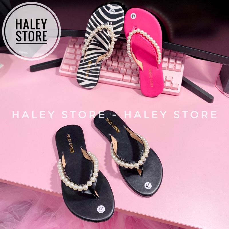 Dép nữ HALEY STORE đế bệt quai kẹp xỏ ngón đính ngọc nhiều màu bò sữa hồng hottrend đi đi chơi đi dạo đi biển