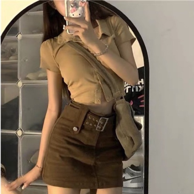 Set Nâu Áo Croptop Polo Và Chân Váy Chữ A Kèm Nịt