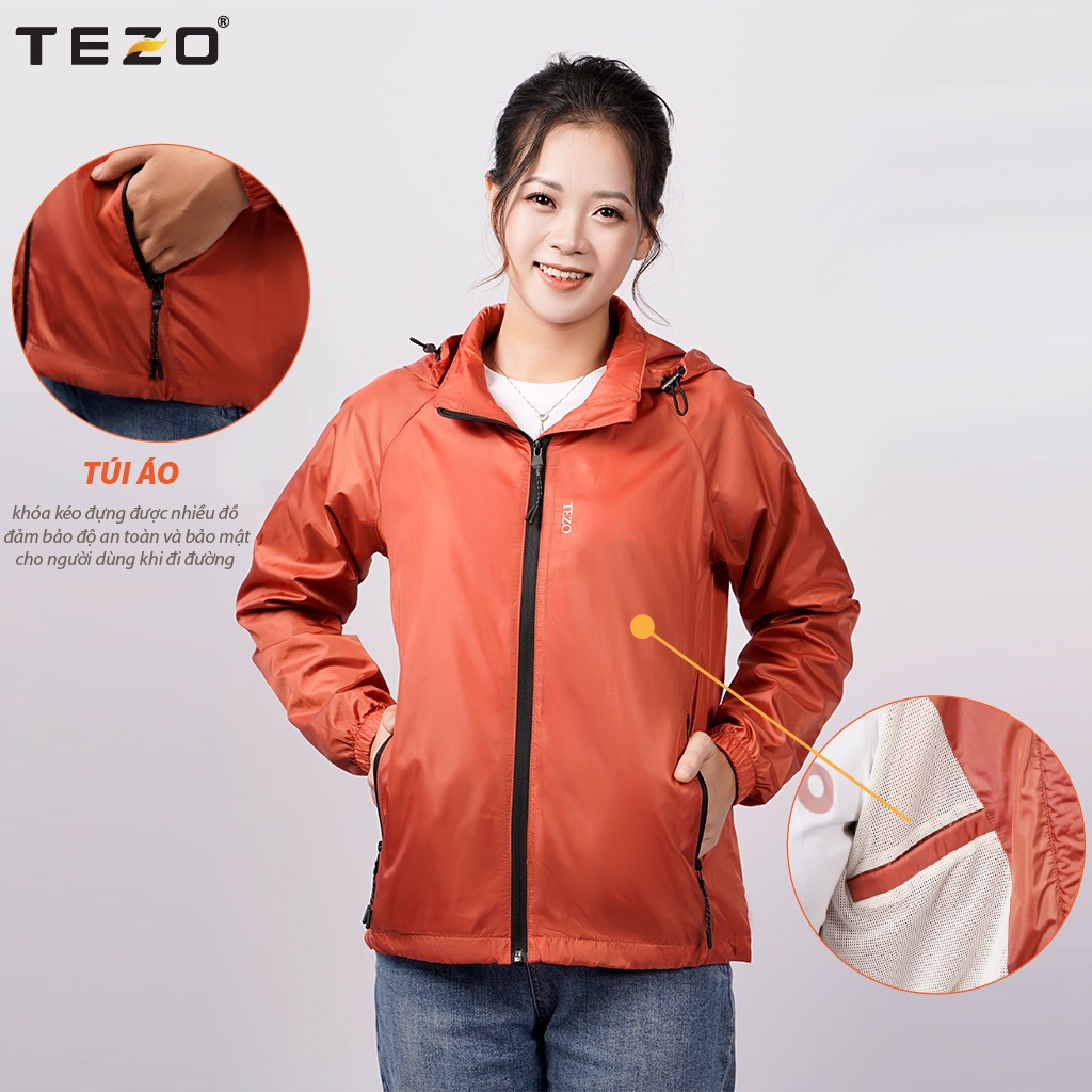 Áo gió nữ hai lớp TEZO, áo khoác dù nữ 5 màu có mũ tháo rời dáng thể thao kháng nước kháng bụi 2109AG2T01