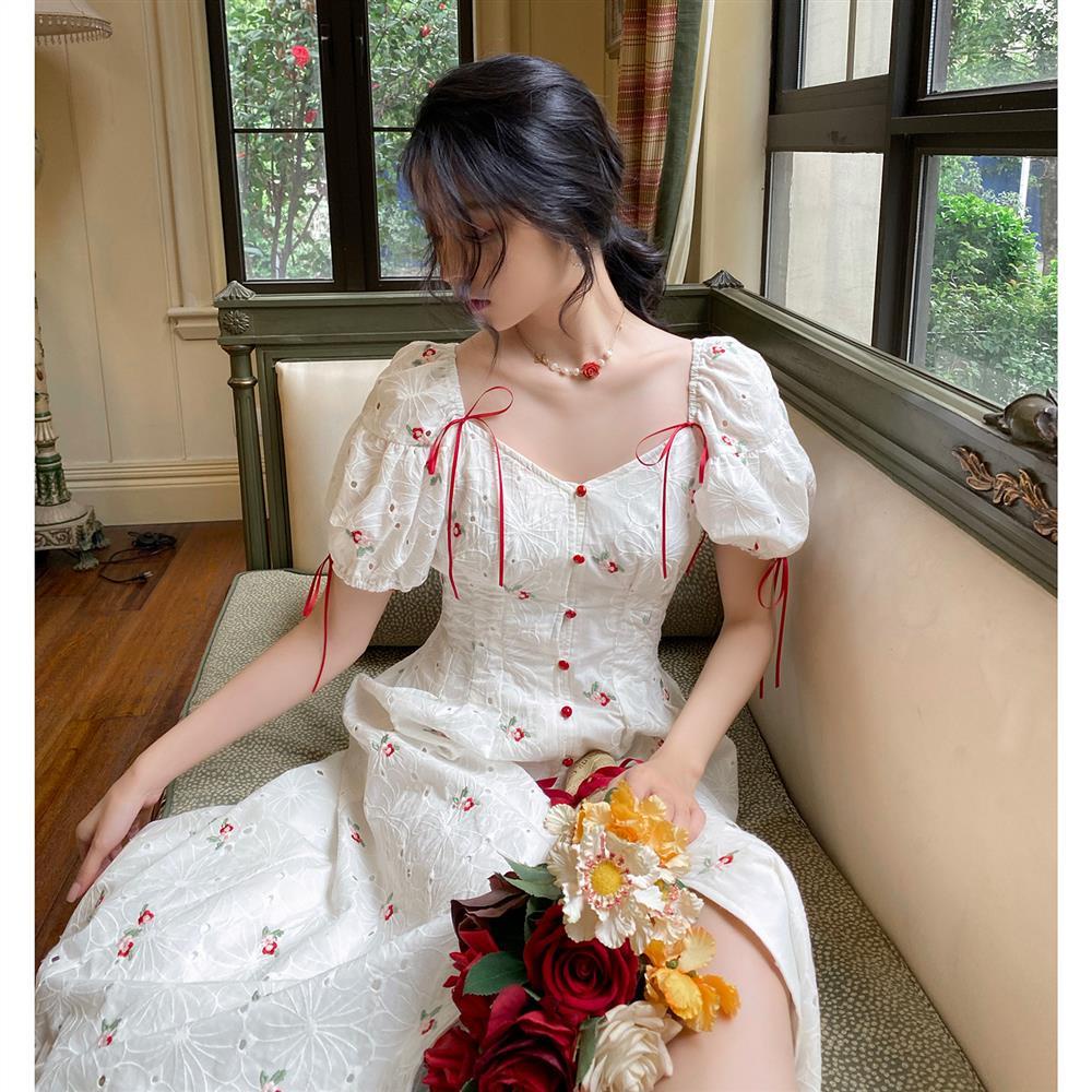 Đầm trắng cổ chữ v phong cách retro pháp dành cho nữ