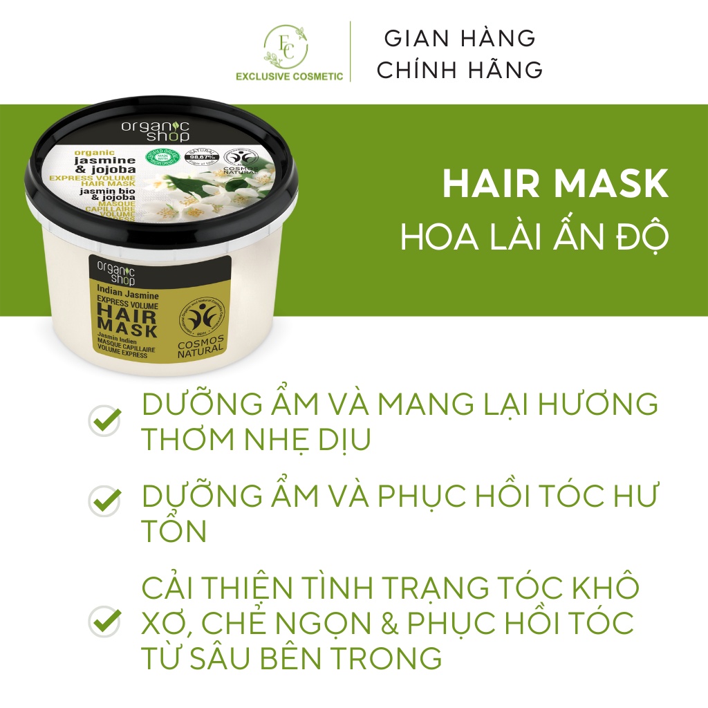 Kem ủ tóc Organic Shop Hair Mask Indian Jasmine 250ml chiết suất hoa Lài Ấn Độ phục hồi tóc hư tổn