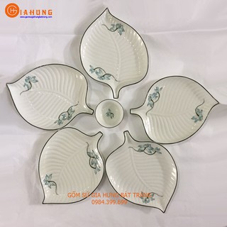 Bộ đĩa ăn cánh hoa vẽ sen xanh gốm sứ Gia Hưng Bát Tràng