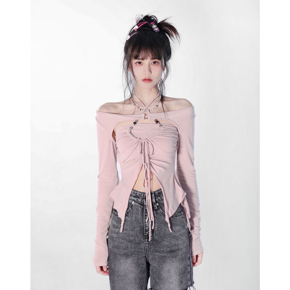 Set hai món với áo dài tay và áo cổ yếm không tay ôm vừa vặn xếp nếp màu trơn thời trang mùa xuân cho nữ hSq2