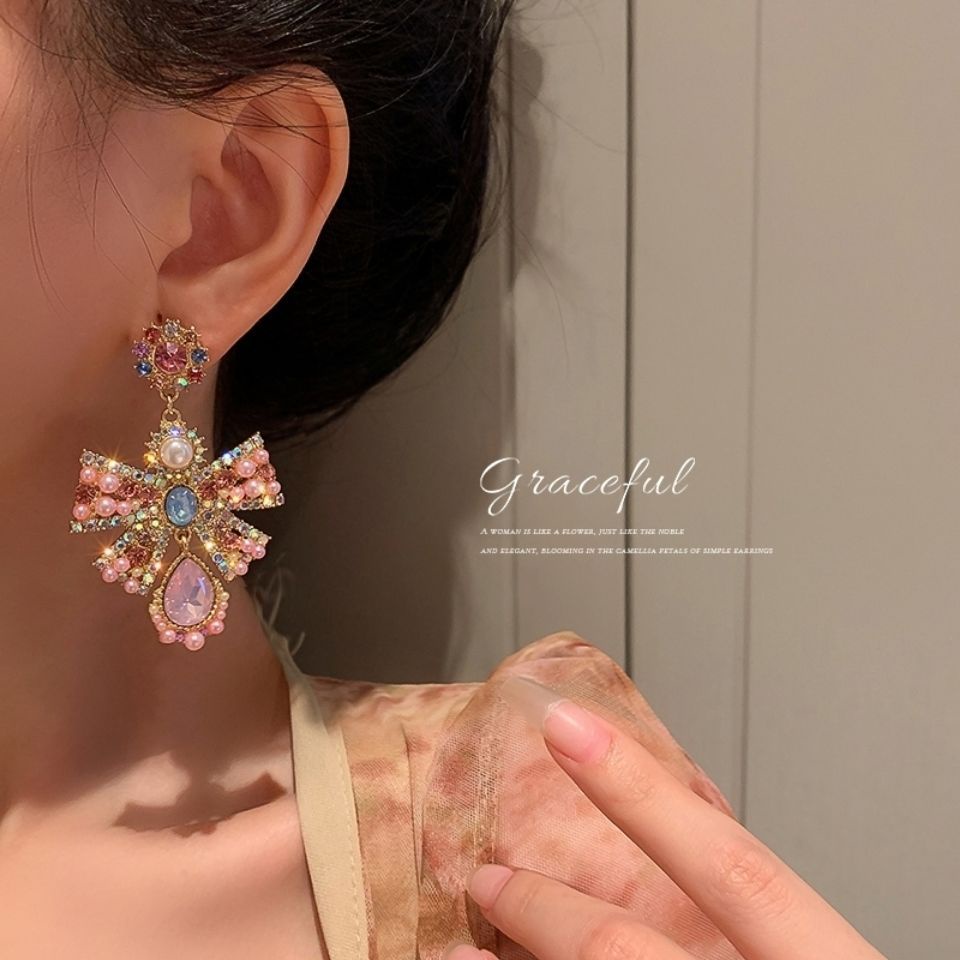 Khuyên Tai Nơ Kim Loại Đính Đá Pha Lê &amp; Ngọc Trai Giả Thời Trang Châu Âu Và Mỹ