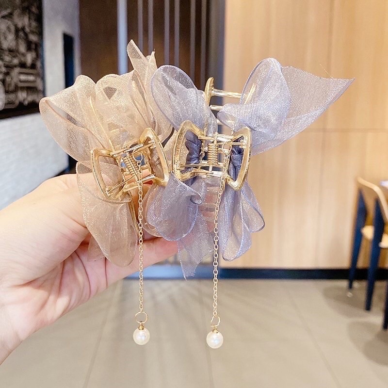 Kẹp tóc kim loại đính nơ voan xinh xắn thời trang phong cách Hàn Quốc