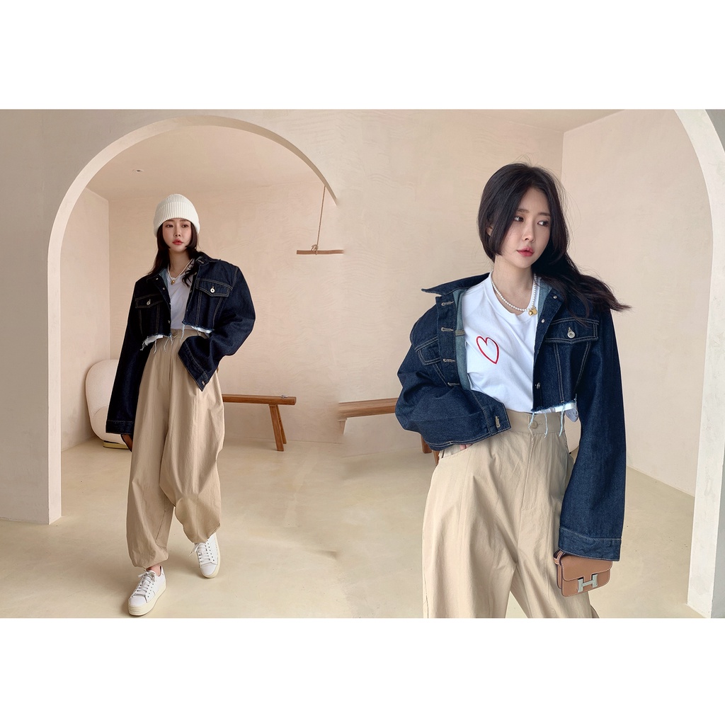 Hàng Có Sẵn Chất Lượng Tốt Chất Lượng Cao Áo Khoác Denim Sờn Tay Dài Dáng Rộng Ngắn Sờn Phong Cách Dongdaemun Hàn Quốc Retro Cho Cặp Đôi