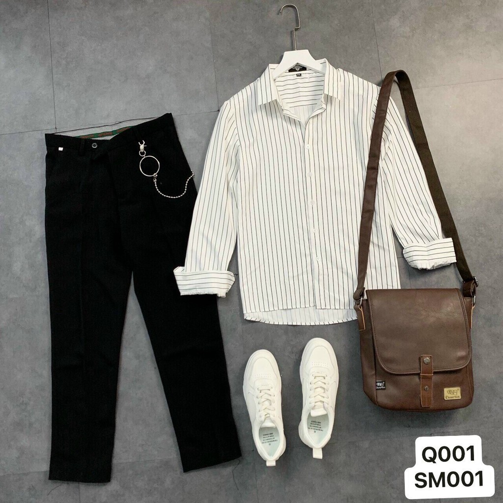 Áo sơ mi nam dài tay KẺ NHỎ hai màu trắng đen basic phong cách trẻ trung lịch sự, áo sơmi nam hàn quốc lụa cotton siêu m