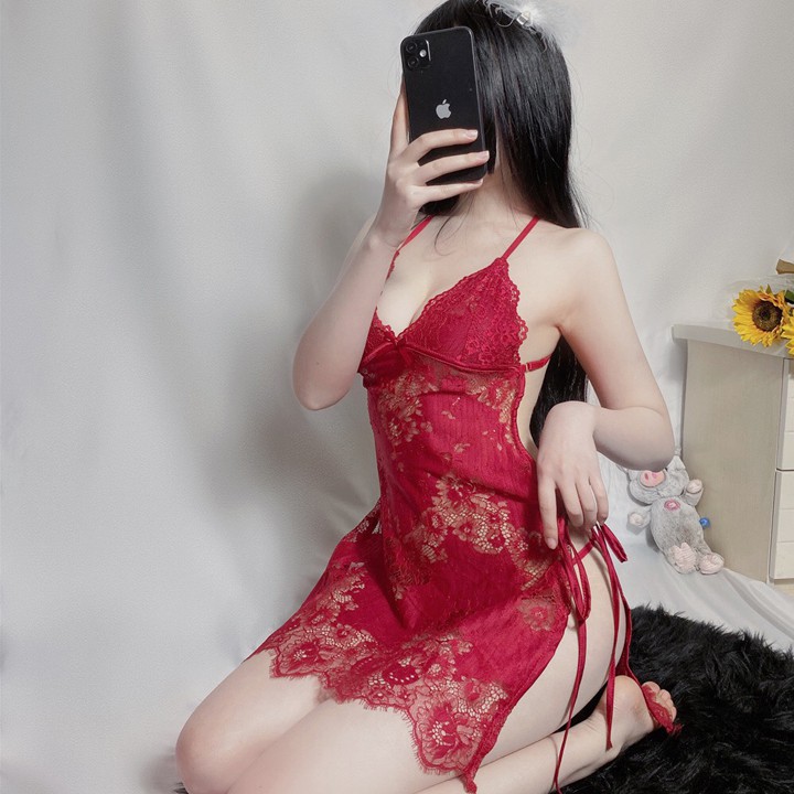 Váy ngủ sexy xuyên thấu ren cả đầm hở lưng vạt xẻ tà quyến rũ