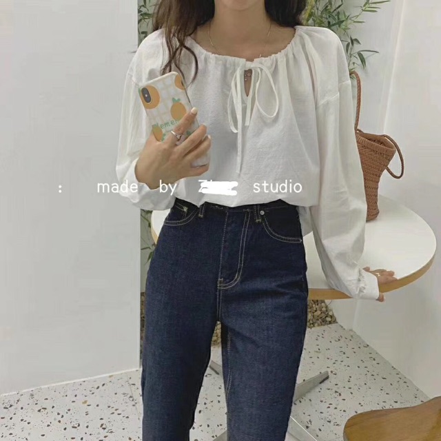 Áo thô cổ nơ dài tay