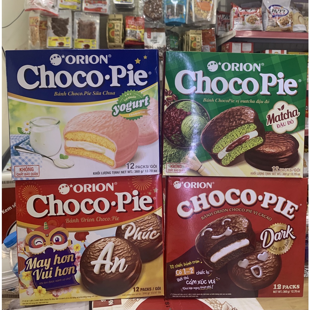 ORION - BÁNH Chocopie đủ vị : nguyên bản-trà xanh-Dark-Sữa chua.Hộp 12 cái.